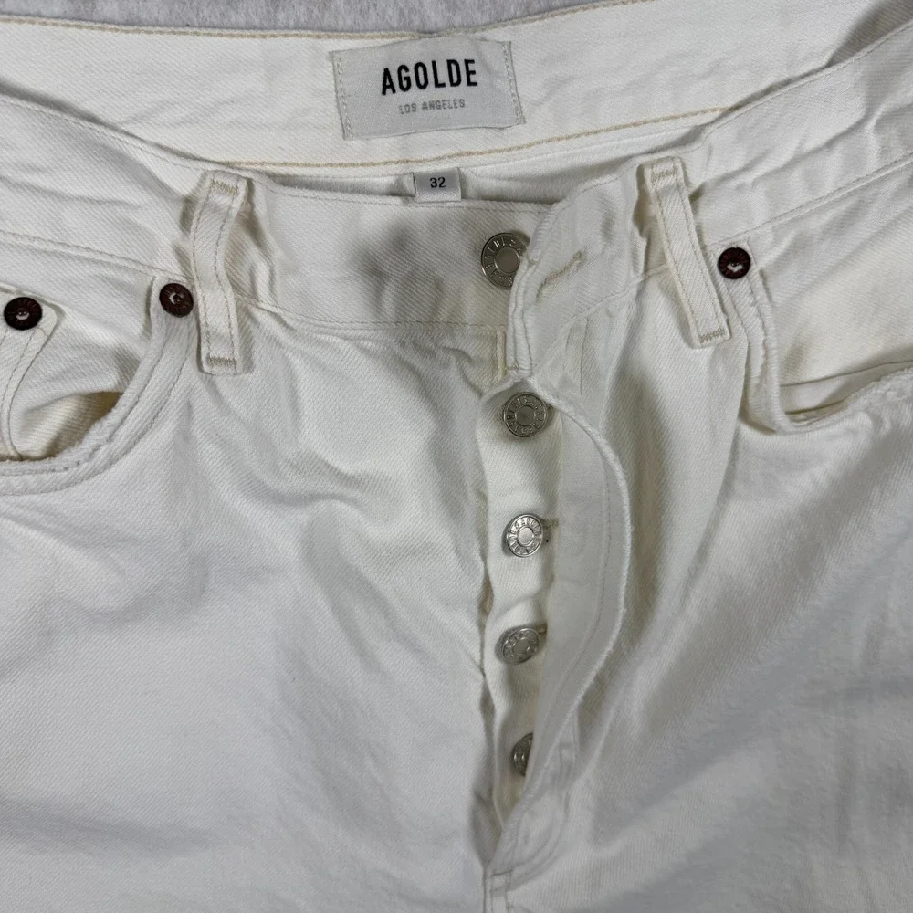 AGOLDE Womens Size 32 White Destroyed Knee Straight Leg‎ Button Fly Jeans
